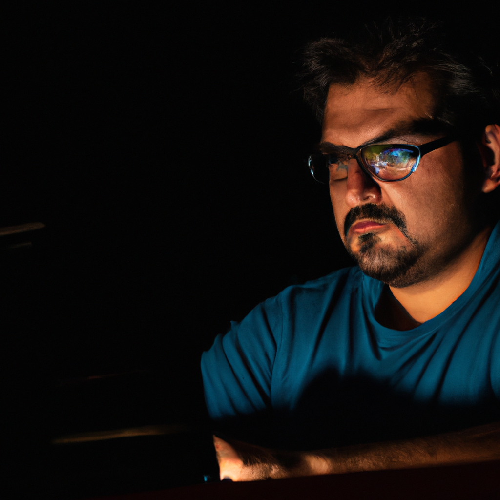 Старший фронтенд‑инженер за ноутбуком, отражение кода в очках