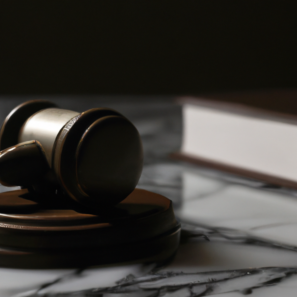 Судейский молоток и книга законов на темном мраморе, фотореалистичное изображение